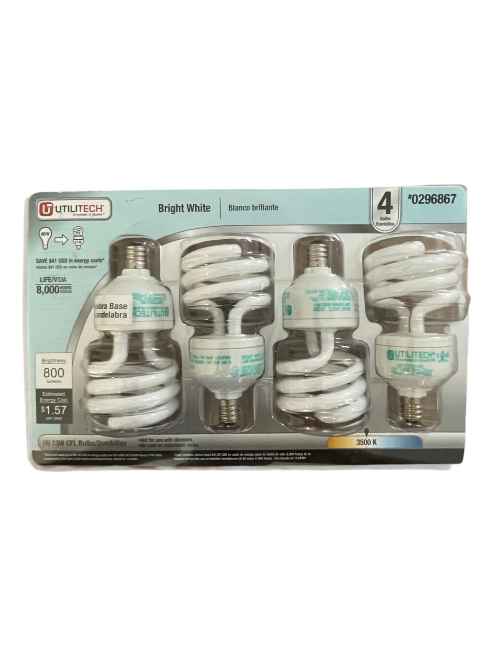 Utilitech 13w Candelabra Bright White Bulbs 4-Pack Open Box